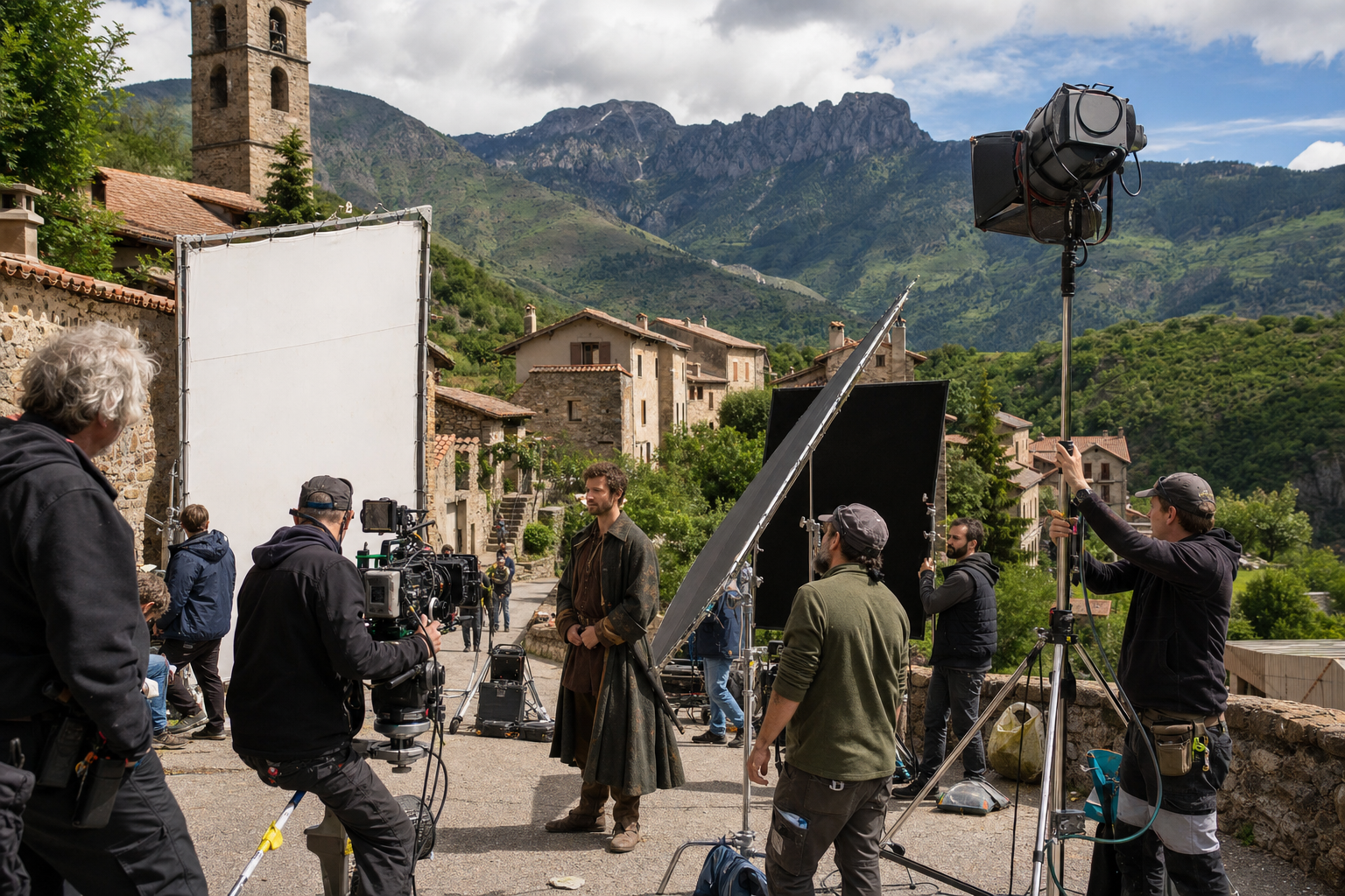 Équipe lumière sur tournage en décor naturel